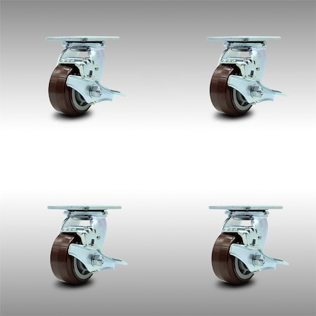 Service Caster 4 Inch SS Polyurethane Caster Set with Ball Bearings and Brake/Swivel Lock SCC SCC-SS30S420-PPUB-TLB-BSL-4